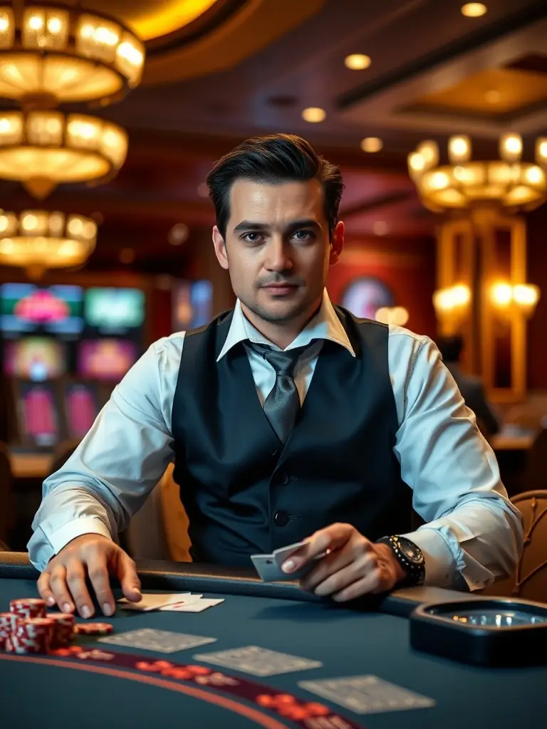 A captivating image of a live dealer at a blackjack table, interacting with players via webcam, creating an authentic casino atmosphere.