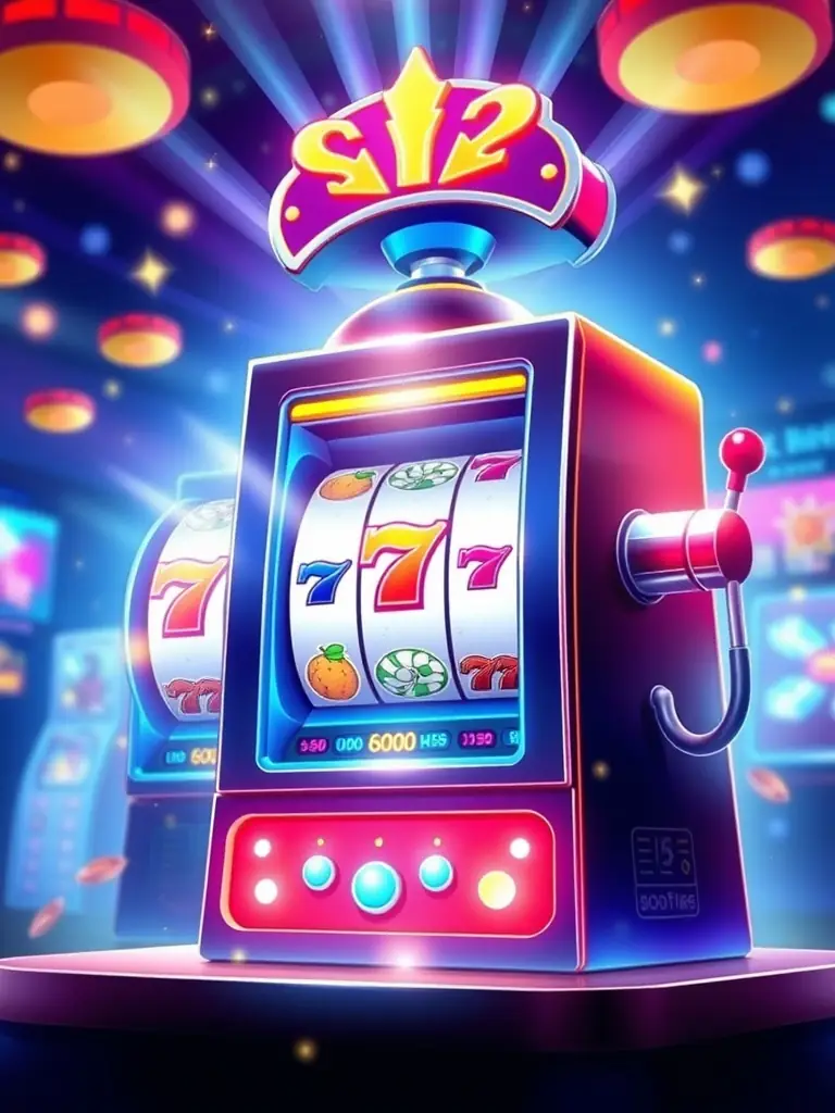 A vibrant image showcasing a popular online slot game with spinning reels and flashing lights, symbolizing the excitement and potential winnings of RoyalBet's slot selection.