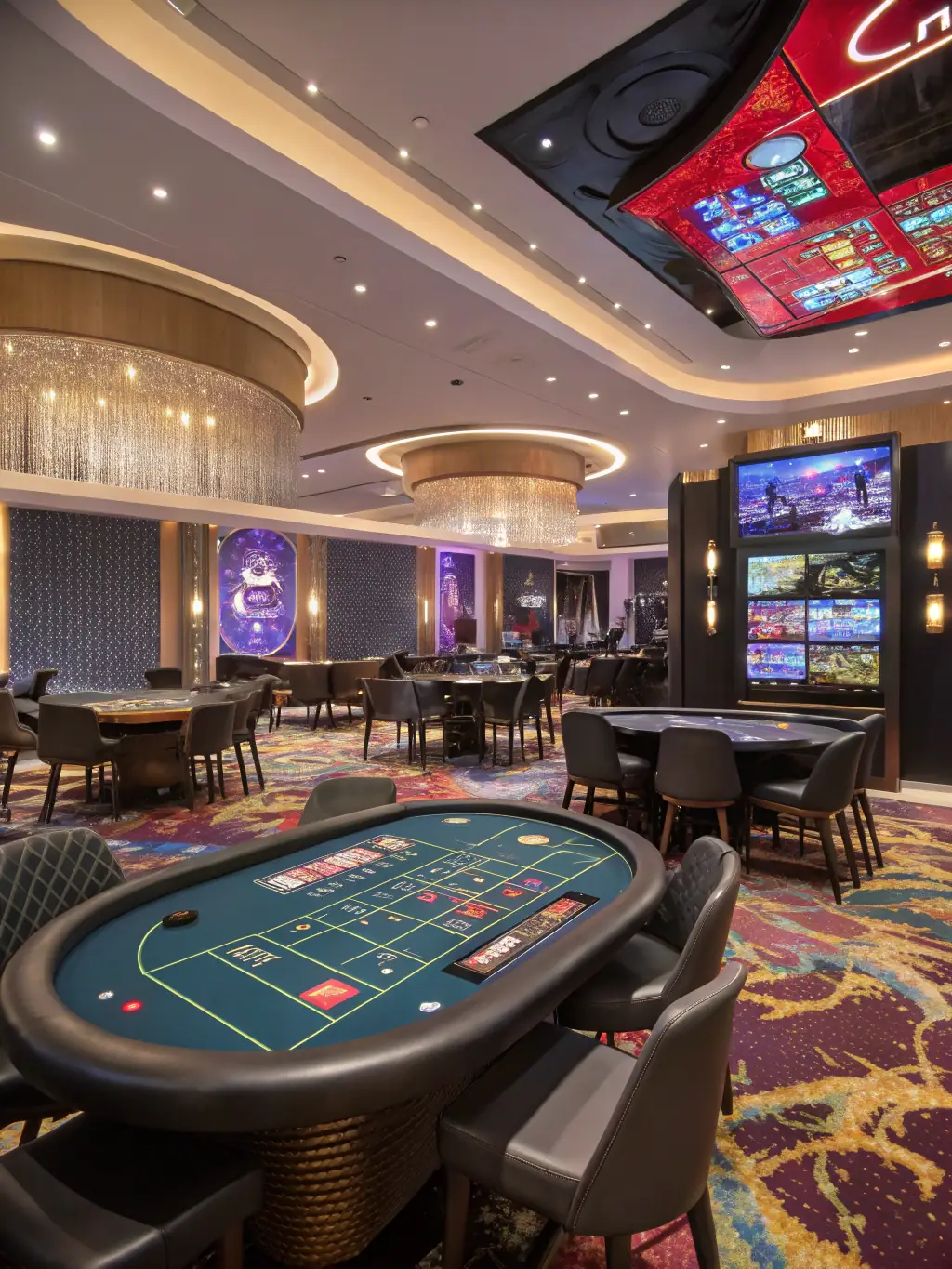 An image showcasing a variety of table games such as poker, baccarat, and craps, with players engaged in strategic gameplay and high-stakes betting.